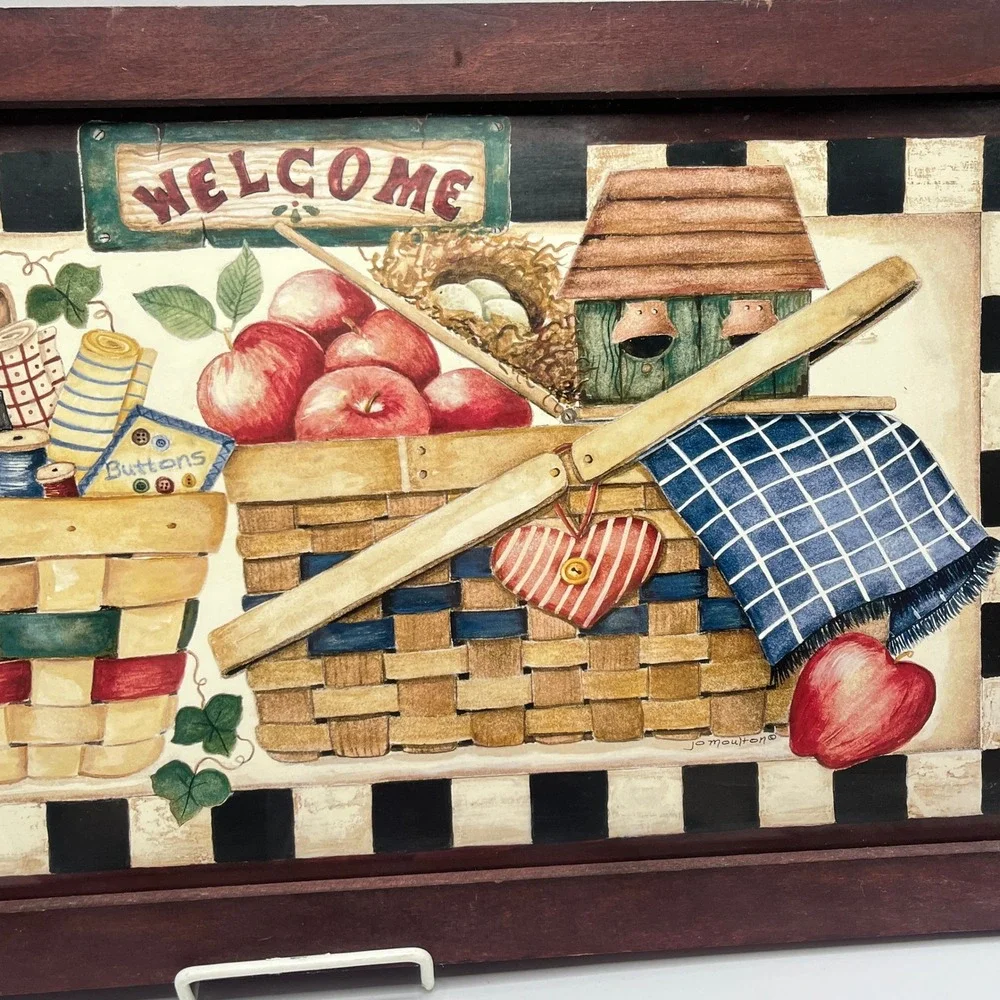 Jo Moulton Welcome Framed Wall Art Country Farmhouse Baskets Apples Folk Art